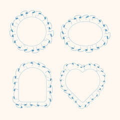 Set of cute blue hand-drawn frames with ruffles in round, oval, arched, and heart shapes. Perfect for baby design, scrapbooking, cards, and children's decor.