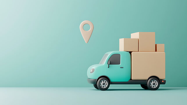Delivery truck with boxes and location pin icon on teal background.  Fast, reliable service. Cartoon style, clean background. - Powered by Adobe