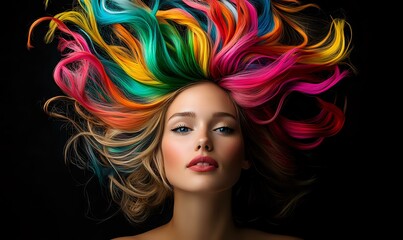 Fototapeta premium Young woman with vibrant rainbow colored hair flowing dramatically against black background, wearing natural makeup and expressing confidence. Professional hair coloring art.