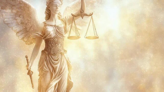 Angel of justice with wings and blindfold holding scales and sword, glowing in a golden ethereal light against a divine sparkling background