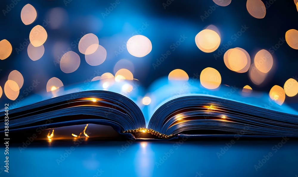 Poster open book with pages fanned out against dark background with magical golden and blue bokeh lights cr