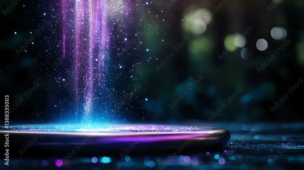 Poster magical light beam falls on dark surface creating glowing effect with bokeh and sparkles in purple a