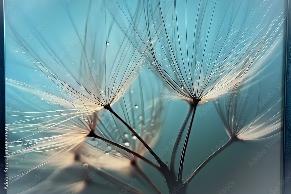 Poster delicate dandelion seeds float against turquoise background with water drops, creating dreamy macro 