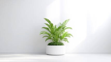 A lush green plant in a simple white pot sits against a minimalist white wall. Soft lighting illuminates the scene. The image is clean and modern, conveying serenity. The color palette is calming, w