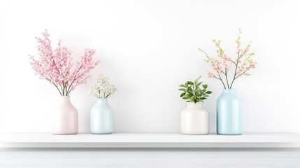 Pastel flowers in vases adorn a minimalist white shelf. Pink and white blossoms are in pale pink and blue vases. A small white vase holds greenery. The image is high-resolution, with soft, even ligh