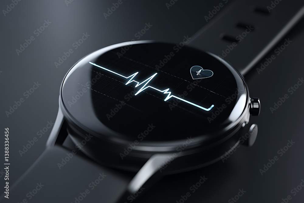 Poster smartwatch displays a heart rate graph, blending technology with health monitoring in a sleek design
