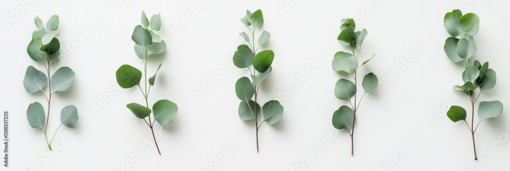 Poster Fresh eucalyptus leaves arranged in a structured flat-lay on a soft white surface for a minimalistic botanical aesthetic