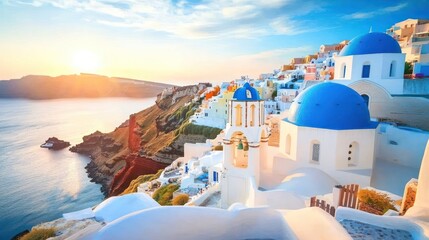 White Buildings and Blue Domes on Island at Sunset Overlooking Ocean