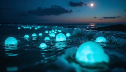 Glowing aquamarine orbs, bioluminescent plankton, ocean current, inky black water, celestial ballet, stars reflected, shimmering waves, indigo-hued dusk sky, sea foam, iridescent mist, moonlight, ethe