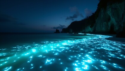 Undulating aquamarine waves, bioluminescent organisms, starry night sky, secluded cove, limestone cliffs, soft ethereal glow, otherworldly ambiance, dark ocean, wave motion, shimmering water, celestia