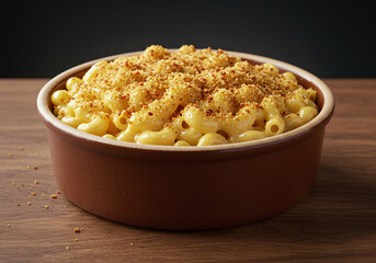 Close-up of a bowl of creamy mac and cheese on a wooden table, with golden pasta and crispy breadcrumb topping. Natural and studio lighting create rich, inviting tones in high resolution.

