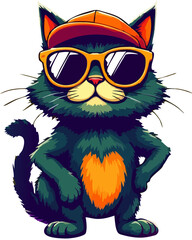 Fototapeta premium Stylish and Cool Cartoon Cat Character Wearing Sunglasses and a Cap, Perfect for Trendy Pet Illustrations and Fun Designs