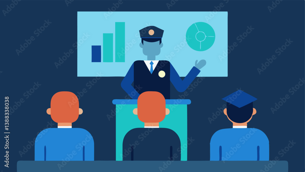 Poster police briefing with ai insights a scene where an officer stands in front of a projection screen pre