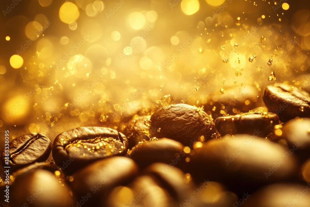 Poster transforming coffee beans into golden liquid drops with soft glowing light in a luxurious setting