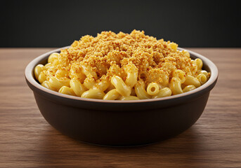 Bowl of mac and cheese with perfectly cooked pasta and crispy breadcrumb topping, captured in a detailed front view on a rustic table. Natural and studio lighting enhance its golden warmth.