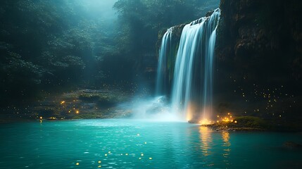 A mystical waterfall cascading into a glowing turquoise pool, the mist rising gently, tiny fireflies floating around, enhancing the serene lo-fi aesthetic,