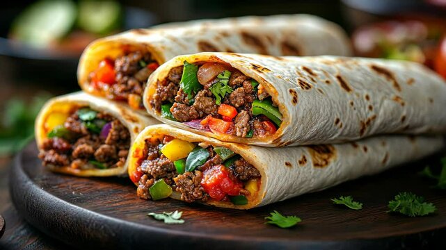 Hearty beef burritos are prepared with fresh vegetables and herbs, showcasing vibrant colors on a wooden platter in a cozy kitchen atmosphere, perfect for a family meal.