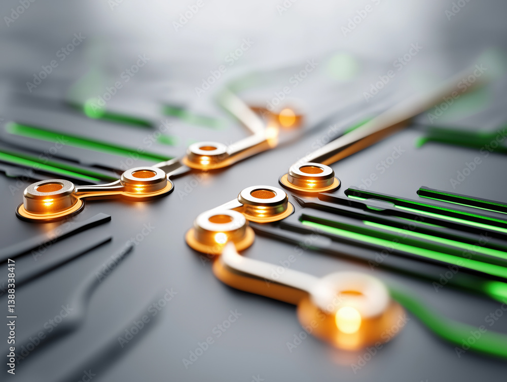 Poster close-up view of a circuit board with intricate green and gold patterns during daytime