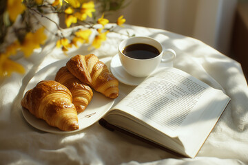 Cozy Morning with Coffee, Croissants, and a Book in Natural Light