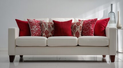 Elegant stylish white sofa with red decorative pillows in modern living room