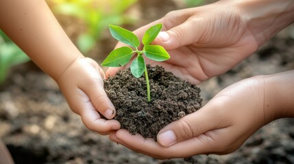 Hands holding fresh lusty green plant sprout. Earth Day theme background wallpaper.