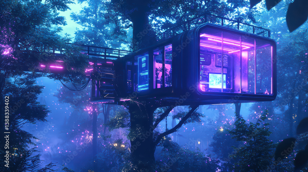 Poster futuristic treehouse: a mesmerizing image of a modern treehouse, illuminated by vibrant purple and b
