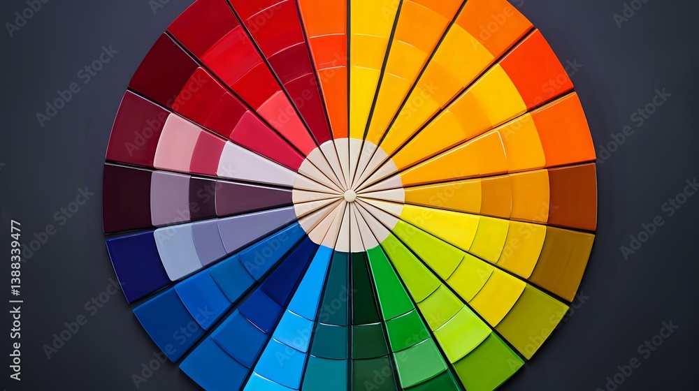 Poster vibrant color wheel showing spectrum of hues from red to blue arranged in circular segments against 