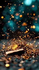 Magical golden sparkles and glowing particles burst upward against dark teal background, creating atmospheric light bokeh effect for festive or fantasy designs.