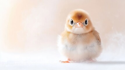 Fototapeta premium A fluffy, light brown chick stares directly at the camera. Its positioned centrally against a soft, blurred background. The image is high-quality with soft, natural lighting. The style is cute and ch