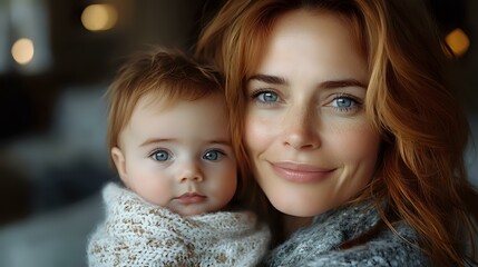 Young Caucasian mother with red hair and blue eyes holding adorable baby wrapped in cozy knit blanket, both smiling at camera against soft bokeh background.