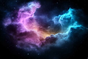 Fototapeta premium Vibrant cosmic nebula with swirling pink, purple and turquoise clouds against dark space background, illuminated by distant stars creating ethereal celestial formation.