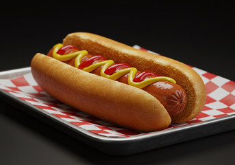 A detailed close-up of a classic hot dog, topped with mustard and ketchup, placed on a checkered paper tray. The glossy sausage and toasted bun are perfectly lit for a vibrant presentation.