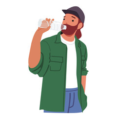 Bearded hipster guy cartoon character drinking mineral water from plastic bottle isolated on white