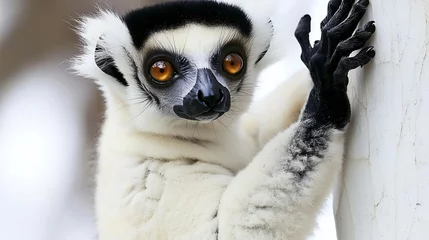 Fototapete Lemurs amber eyes focus clinging to bleached baobab tree Madagascar mystique © Auon