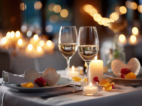 Elegant dining setup at a romantic restaurant during an intimate evening