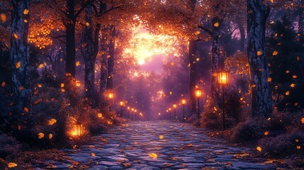 A peaceful autumn forest with golden leaves falling, a soft purple sunset glowing through the trees, warm lanterns lining a quiet stone path,