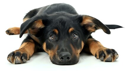 Obraz premium Adorable black and tan mixed breed puppy lying down with sad expressive eyes and floppy ears against white background, isolated pet portrait for animal care designs.