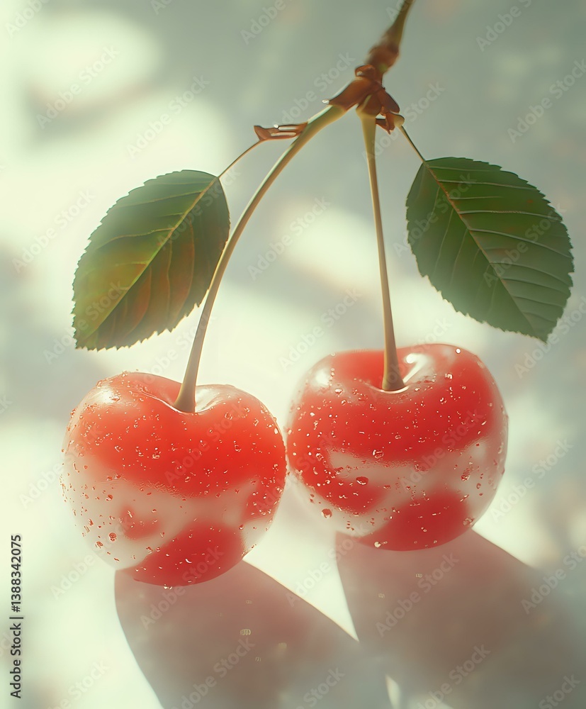 Poster fresh ripe red cherries with water drops and green leaves on light background with soft bokeh effect