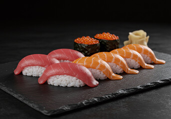 Detailed shot of a premium sushi platter on a matte black slate plate. Glossy tuna, delicate salmon, and perfectly formed rice are illuminated with soft, balanced lighting for a refined look.