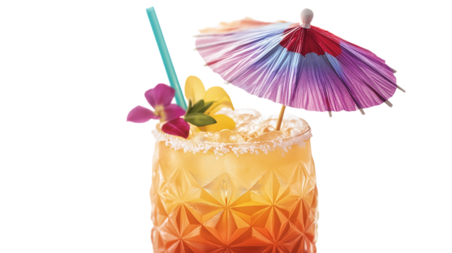 Beach cocktail with mini umbrella, bright colors, detailed glass and garnish, PNG on whit