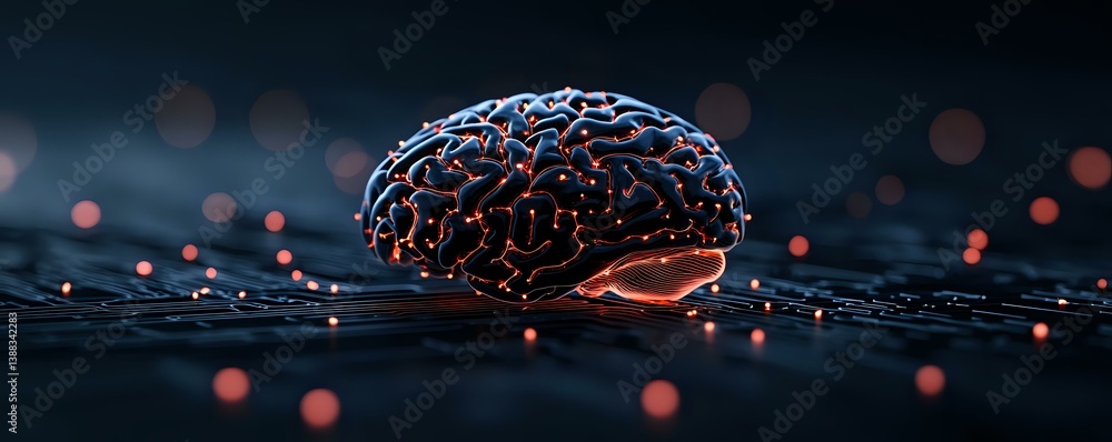 Poster glowing digital brain on dark surface with scattered red light particles and bokeh effects, represen
