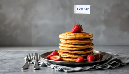 A stack of golden pancakes garnished with vibrant strawberries sits on a plate, adorned with a small flag displaying a loving note, perfect for a Father's Day brunch or a family gathering.