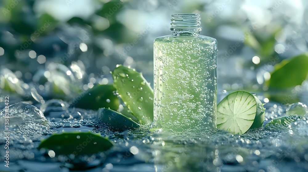 Poster fresh lime juice splashing around glass bottle with mint leaves and citrus slices on wet surface wit