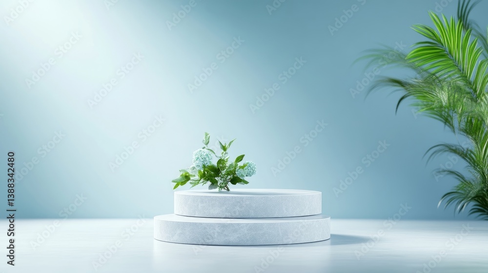 Poster circular platform flowers and palm minimalist style high-resolution studio lighting centered close-u