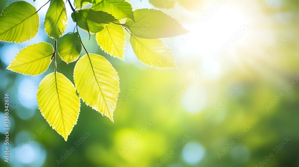 Aufkleber fresh green leaves backlit by sunlight creating natural bokeh effect in spring forest. bright nature