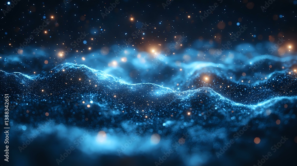 Poster glowing cosmic waves with luminous particles and stars in deep space create mystical atmosphere agai