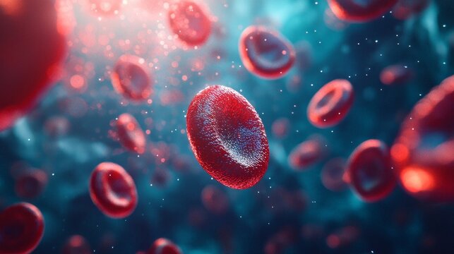 A close up of red blood cells in a blue background