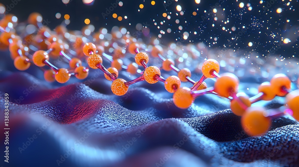 Poster glowing orange molecular chain structure on textured blue surface with bokeh light effects and parti