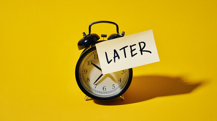 Procrastination concept: A black alarm clock on a yellow background with a sticky note on top that says "Later" in black marker. Time management concept.