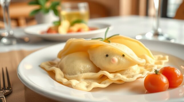 Pareidolia Ravioli: Playful Cartoon Pasta with Subtle Happy Face